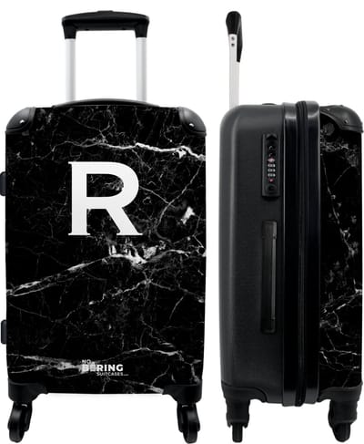 NoBoringSuitcases.com - Zwarte marmer koffer met initialen - Grote reiskoffer zwart letter R - Trolley op wieltjes 60 liter - Rolkoffer groot - Ruimbagage valies 20kg - Valiezen voor volwassenen medium - Luggage suitcase middelgroot - Bagagekoffer