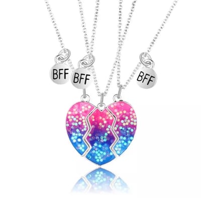Bixorp Friends BFF Ketting voor 3 met Blauw & Roze Hartje Zilverkleurig - Vriendschapsketting - Drie Helften Best Friends -  Voor Meisjes  - Best Friends Ketting Vriendschap Cadeau voor Drie