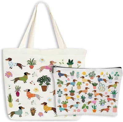 Duurzame Canvas Tote Bag en Make-up Tas, Herbruikbare Winkeltas, Perfecte Cadeaus voor Teckel Liefhebbers, Handige Toilettas voor Vrouwen, Ideaal voor Reizen en Dagelijks Gebruik
