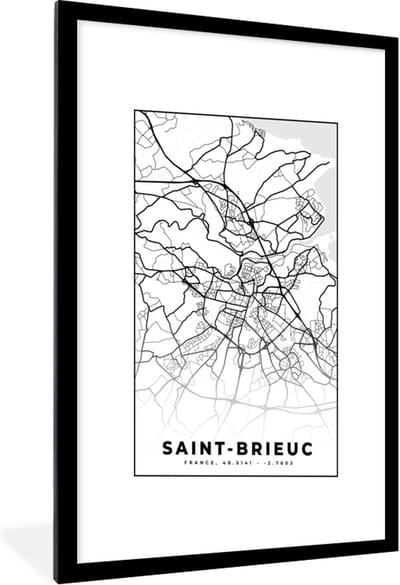 Fotolijst incl. Poster Zwart Wit- Stadskaart – Frankrijk – Kaart – Saint-Brieuc - Plattegrond - Zwart wit - 60x90 cm - Posterlijst