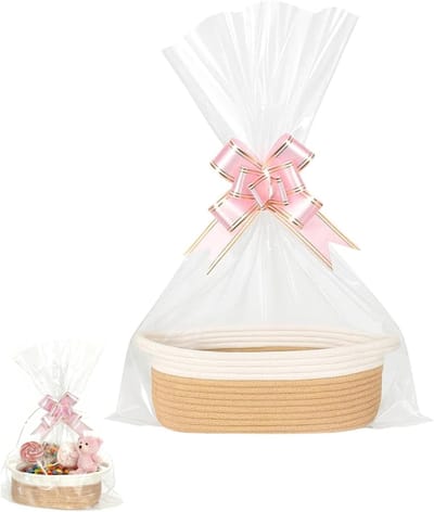 Lege Presentatie Mand met Cadeauzak en Lint - Opbergmand voor Pasen, Babyshower, Verjaardag, Bruiloft en Kerst (Khaki)