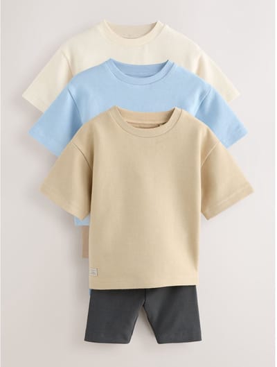 Next - Jongens - Set van 3 T-shirts met textuur en korte mouwen & fietsbroeken - Blauw
