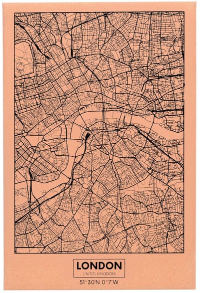 UNUS® Kurk wandbord stadskaart Londen met punaises 60x40 cm zwart