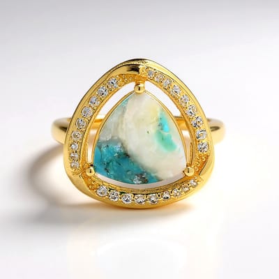 Cavill - Vergulde 925 Sterling Zilveren Ring - Turquoise Mozaiek Triljant Cabochon 2 475 ct - Witte Topaas Rondslijpsel 0 325 ct - Elegante Damesring