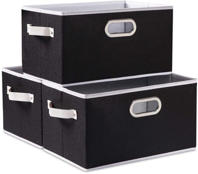 Unyqoos ® Opvouwbare Stoff Opbergmanden met Metaalgrepen voor Kasten en Kamers - Set van 3, Zwart