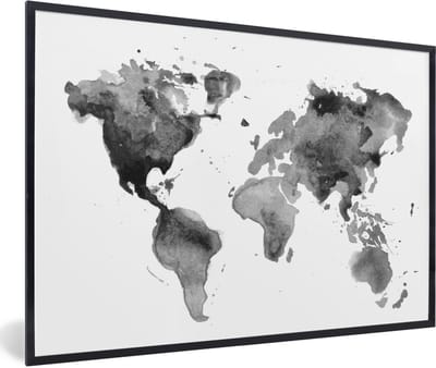 Poster in lijst - Fotolijst 90x60 cm - Posters - Wereldkaart - Waterverf - Zwart - Wit - Kinderen - Jongens - Meisjes - Posterlijst zwart - Decoratie - Wanddecoratie woonkamer - Muurdecoratie slaapkamer