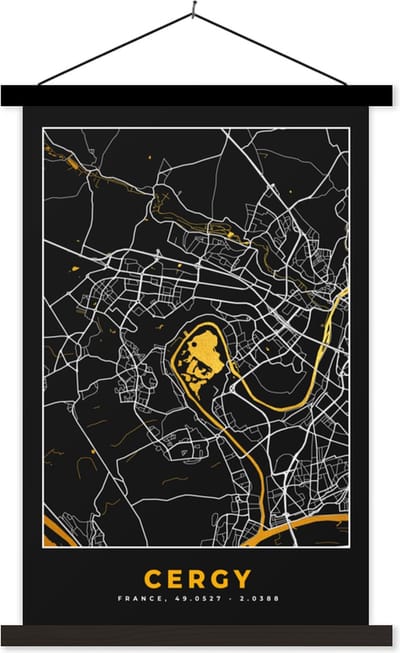 Posterhanger incl. Poster 40x60 cm - Schoolplaat - Kaart – Stadskaart – Cergy - Plattegrond – Frankrijk - Textielposter - Zwarte latten - Stadskaart