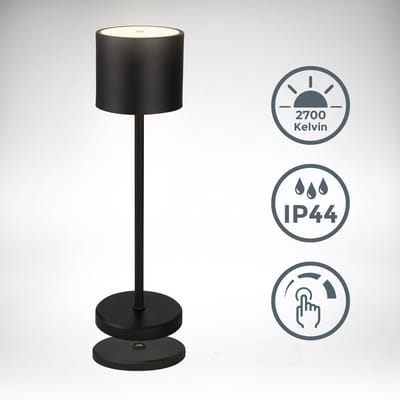 B.K.Licht - LED Oplaadbare Tafellamp - draadloos - met laadstation - dimbaar - IP44 - bedlamp -39,5x12,5 cm - zwart