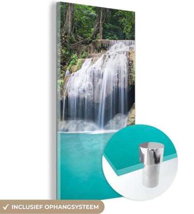 MuchoWow® Glasschilderij 20x40 cm - Schilderij acrylglas - Water - Waterval - Bomen - Foto op glas - Schilderijen