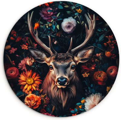 WallCircle® Wandcirkel 120x120 cm - Muurcirkel Hert - Dieren portret - Bloemen - Natuur - Hertenkop - Muurdecoratie woonkamer - Wanddecoratie slaapkamer - Kamer decoratie accessoires - Ronde schilderijen XXL