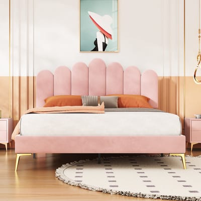SINGULARITY-Gestoffeerd tweepersoonsbed 140 x 200 cm- bedframe met hoofdbord en lattenbodem- volwassen/jeugdbed- roze- zonder matras