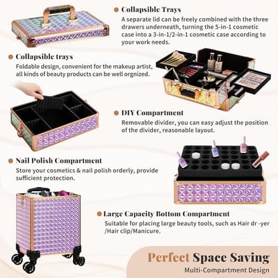 Professionele 5-in-1 Make-upkoffer op Wielen voor Dames en Nageltechnici
