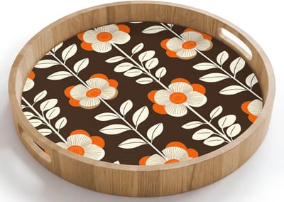 Dienblad rond 40x40 cm - Schootdienblad hout - Bloemen - Retro - Bruin - Borrelplank rechthoek - Plateau houten dienbladen