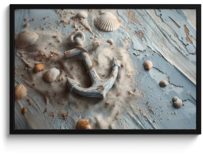 Poster in lijst - Fotolijst 90x60 cm - Posters - Anker - Hout - Schelpen - Zand - Posterlijst zwart - Decoratie - Wanddecoratie woonkamer - Muurdecoratie slaapkamer