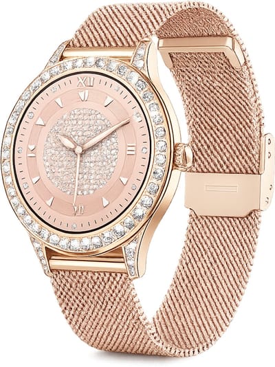 Knobbout 1,27" Scherm Dames Sierlijke Smartwatch met Strass– HD Touchscreen – Hartslag-, Bloeddruk- & Zuurstofmeting – Slaapmonitor – Ademhalingstraining – Menstruatiecyclus – AI-Spraakassistent – IP68 Waterdicht – Rosegoudkleurige Stalen Band