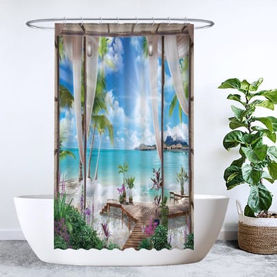Ulticool Douchegordijn - Doorkijk Strand Zee Natuur - 120 x 200 cm - met 8 ringen - Anti Schimmel - Waterdicht & Wasbaar - Semi Transparant - Blauw Wit Groen