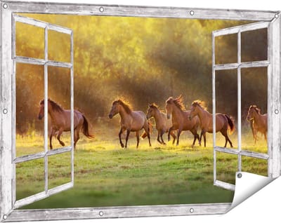 Gards Tuinposter Doorkijk Kudde Bruine Paarden in de Wei - 120x80 cm - Tuindoek - Tuindecoratie - Wanddecoratie buiten - Tuinschilderij