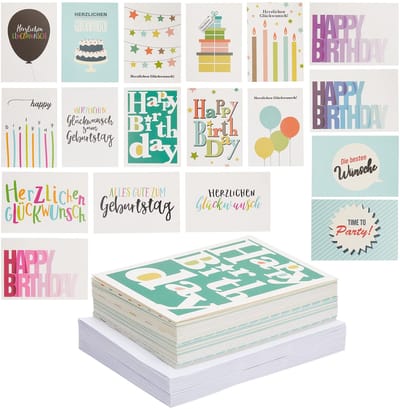 Dailygoods- Verjaardagskaarten set van 36 - Wenskaarten met enveloppen - 18 geïllustreerde motieven - DIN A6-formaat - Lege binnenkant voor persoonlijke tekst