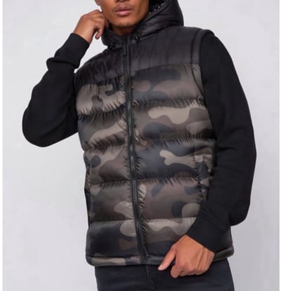 Crosshatch Heren Bodywarmer – Gewatteerd – Camouflage – Met Capuchon – Zwart/Groen Maat M