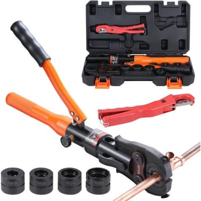 VEVOR hydraulische pijpkrimptang voor koperen pijpverbindingen, pers tang met TH16, TH20, TH26, TH32 snelwisselbekken, 360° draaibare persset voor T-connectoren in krappe ruimtes, hydraulisch aangedreven