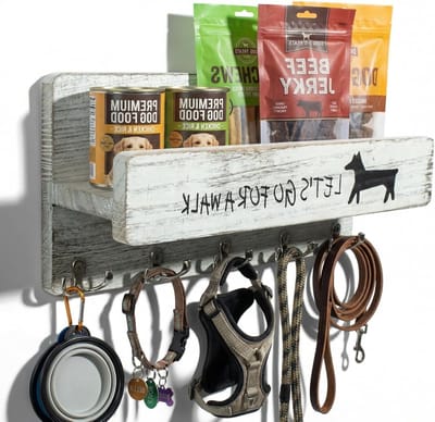 Hondengarderobe met plank en 5 dubbele haken voor het organiseren van hondenriemen en accessoires, ideaal voor hal en entree, wit en stijlvol ontwerp