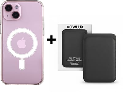VOWLUX Compatible MagSafe Hoesje voor iPhone 15 Transparant – Inclusief Zwarte Wallet Pasjeshouder – 24 Magneten – Kunstleer – 3 Kaarten – Shockproof Case