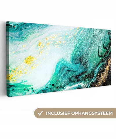 Canvas schilderij 80x40 cm - Wanddecoratie Marmerlook - Blauw - Goud - Glitter - Luxe - Marmer - Muurdecoratie woonkamer - Slaapkamer decoratie - Kamer accessoires - Schilderijen op canvas
