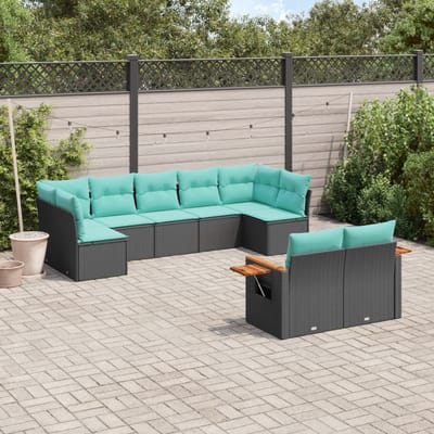vidaXL - 9-delige - Loungeset - met - kussens - poly - rattan - zwart