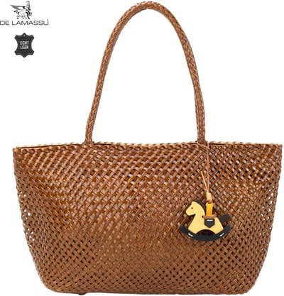 DE LAMASSU® Shopper Dames Echt Leer – Gevlochten Schoudertas – Grote Leren Handtas met Ritssluiting – Ruime Damestas voor Werk, Boodschappen en Dagelijks Gebruik – 48 x 30 x 13 cm