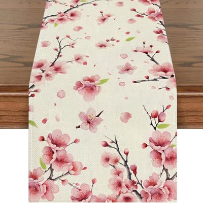 Tafelloper met kersenbloesem, lente, bloemen, zomer, keuken, woonkamer, wasbaar, eettafel, decoratie voor bruiloft, verloving, Moederdag, verjaardag, bruidsfeest, babyshower, 40 x 180 cm, roze