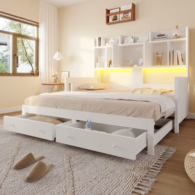 Slaapbank - 90x190 cm Houten Bedbank Met Opbergruimte LED Verlichting Stopcontact Wit