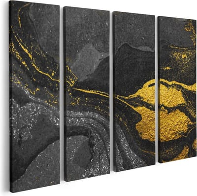 Artaza Canvas Schilderij Vierluik Abstracte Kunst - Zwart Gouden Marmer - 80x60 - Foto Op Canvas - Canvas Print