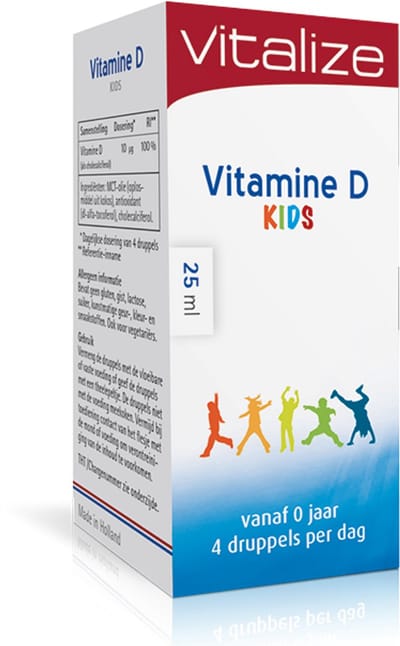 Vitalize Vitamine D Kids 25 ml | Is van belang voor de opbouw van sterke botten van kinderen - Bevat GEEN gluten, gist, lactose, suiker, conserveermiddelen of kunstmatige kleur-, geur- en smaakstoffen.