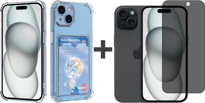 BixB hoesje met Privacy screenprotector van gehard glas Geschikt voor iPhone 15 Hoesje met Pashouder Siliconen Shockproof Backcover - Transparant