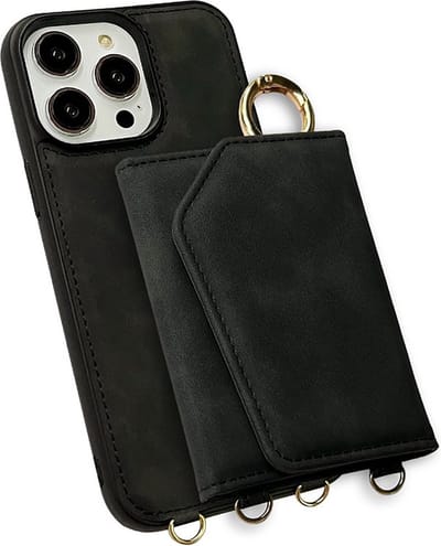 CaseMania Backcase hoesje geschikt voor iPhone 15 Pro Max - Effen Zwart - Kunstleer - met Nekkoord, Pashouder en Spiegeltje