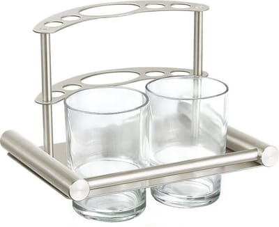 WillieJan Stijlvolle Bekerhouder HI-2595B met 2 glazen en vakken voor borstels en tubes – Mat RVS – voor een opgeruimde badkamer