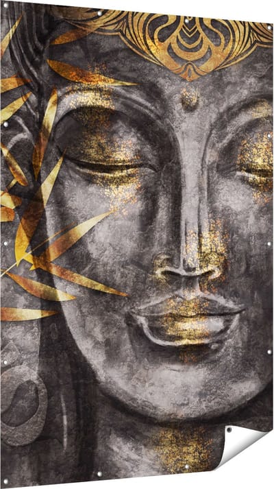 Gards Tuinposter Gouden Boeddha van Aquarel - Abstract - 120x180 cm - Tuindoek - Tuindecoratie - Wanddecoratie buiten - Tuinschilderij