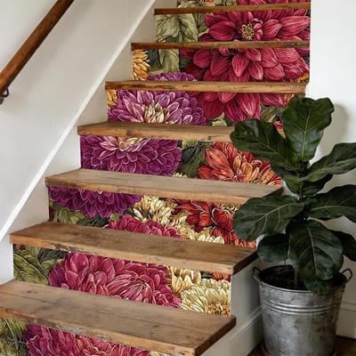 Vintage Trapstickers met Zonnebloem en Dahlia - Peel and Stick Tegel Decals voor Thuis, Badkamer en Vloer Decoratie - 15 Strips van 15 × 7,9 inch