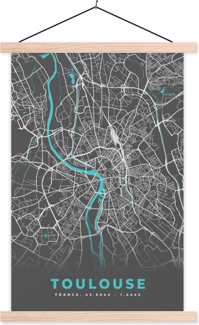 Posterhanger incl. Poster 40x60 cm - Schoolplaat - Toulouse - Frankrijk - Kaart - Stadskaart - Plattegrond - Textielposter - Blanke latten - Stadskaart