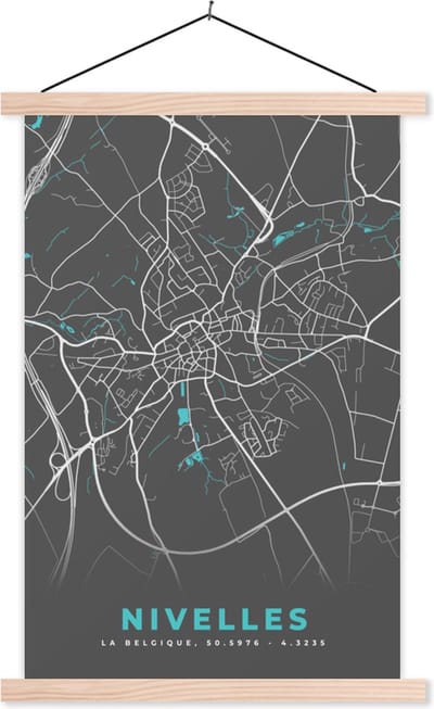 Posterhanger incl. Poster 40x60 cm - Schoolplaat - Stadskaart – Grijs - Kaart – Nivelles – België – Plattegrond - Textielposter - Blanke latten - Stadskaart