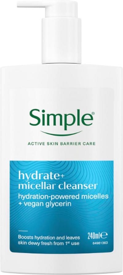 Simple Hydrate+ Micellar Gezichtsreiniger 240 ml – Hydraterend Micellair Water met Vegan Glycerine – Milde Make-up Remover voor Droge & Gevoelige Huid