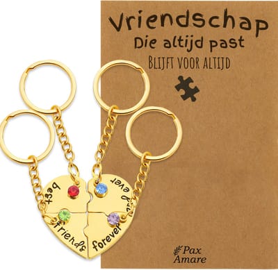 BFF Sleutelhanger voor 4 'Vriendschap die altijd past' - Hartje Puzzelstukjes & Kristal - Sleutelhanger set op Cadeau Kaartje - Goudkleurig - Vriendschap Symbool - Pax Amare