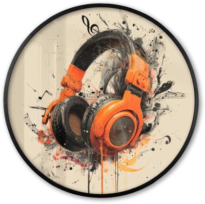 Poster in lijst Rond - Fotolijst 60x60 cm - Posters - Koptelefoon - Oranje - Explosief - Ronde posterlijst zwart - Decoratie - Wanddecoratie woonkamer - Muurdecoratie slaapkamer