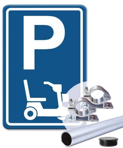 Parkeerbord Scootmobiel - blauw - Weerbestendig Aluminium - 30x45 cm - Bevestiging: Met paal 150 cm + paalbeugels + paaldop