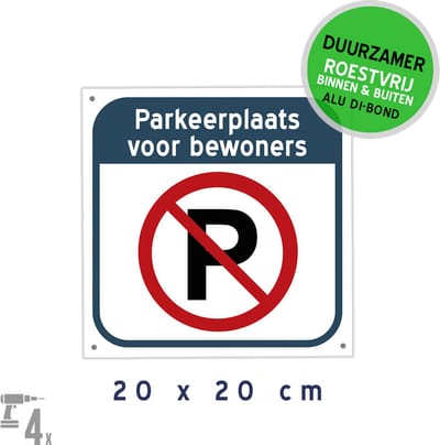 Pictogram/ bord Dibond + boorgaten | "Parkeerplaats voor bewoners" | 20 x 20 cm | Duurzaam | Eigen terrein | Roestvrij | 1 stuk