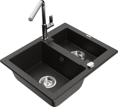 Mexen Carlos granieten gootsteen 1,5-komerig met keukenkraan Flora, zwart/goud metallic - 6518-75-670401-00
