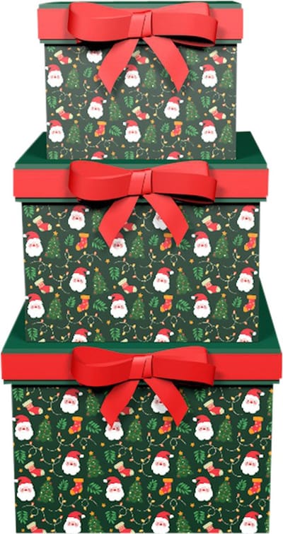Dekoratief | Set 3 dozen vierkant 'Jolly Santa', 18x18x14cm | A245227