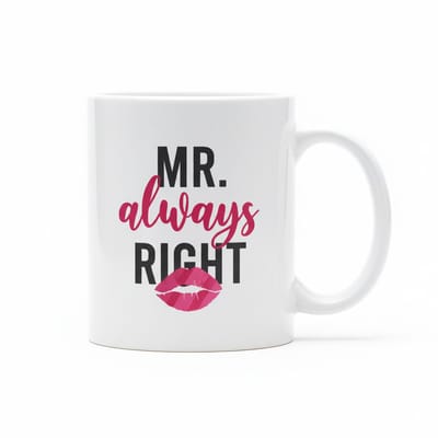 Mr. Always Right Mok 330ml – Grappige Romantische Koffiebeker met Kusprint – Leuk Cadeau voor Man, Vriend & Jubileum