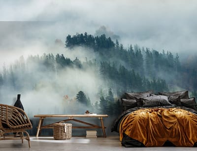Fotobehang - Bomen - Mist - Bos - Landschap - Natuur - (254 x 184 cm)