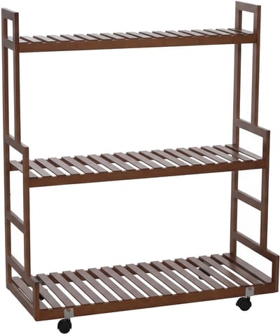 Bamboe plantenrek MCW-Q33, bloemenladder bloemenstandaard plantenladder, 3 planken wieltjes 105x90x38cm ~ bruin